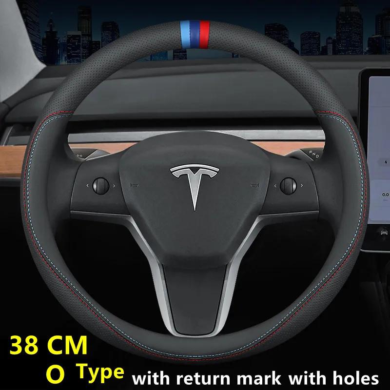 Nappa Leather Car Steering Wheel Cover For Tesla Model 3 Y S X 2019 - 2025 4 Seasons 36-38 CM Black Auto Interior Accessories