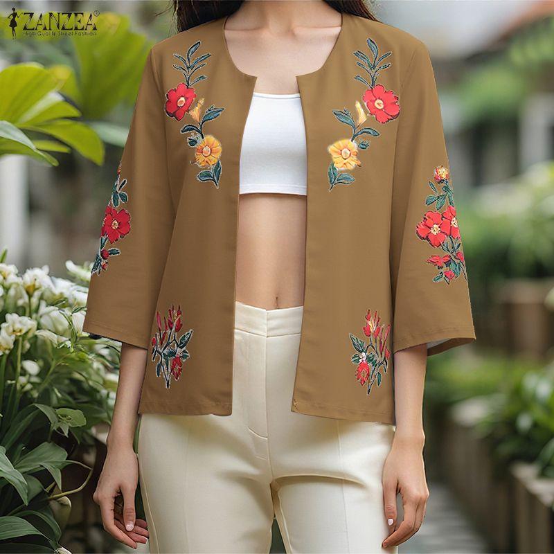 ZANZEA Women Floral Print Casual 3/4 Sleeve Loose Cardigan Blouse