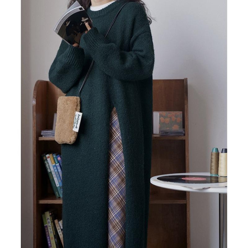 Retro loose lazy wind pullover solid color knee long split knit crew neck sweater skirt