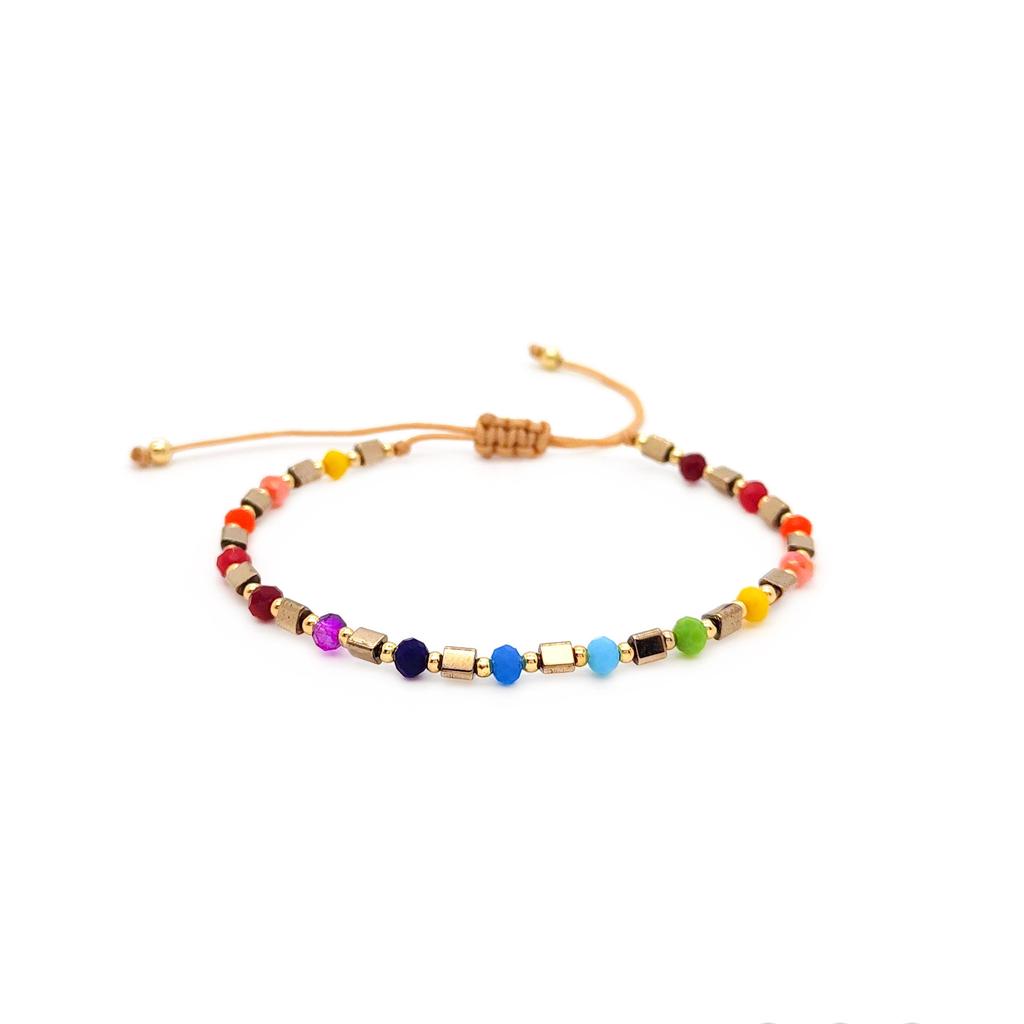 18K Gold Plated Heart Charm Rainbow Crystal Beaded Hand Rope Bracelet Simple European American Style Girls