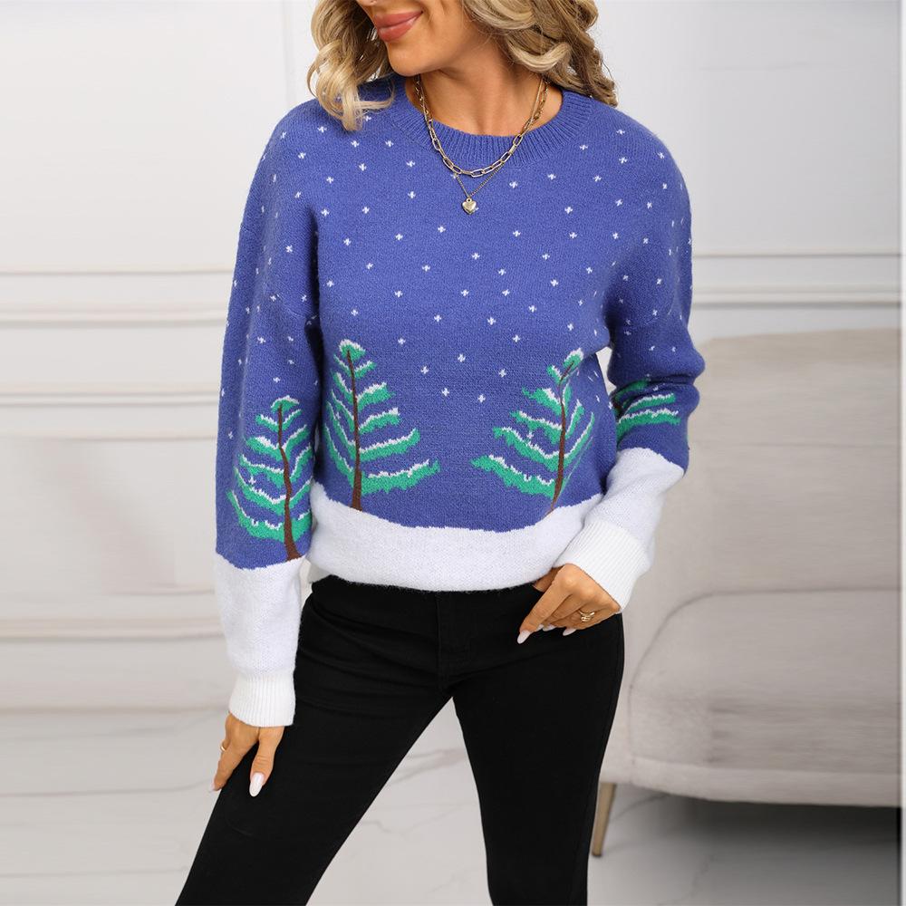 New Autumn and Winter Sweater, Jacquard Long-sleeved Round-neck Christmas Knitted Sweater, New Year Christmas Tree Pullover, Casual Sweater