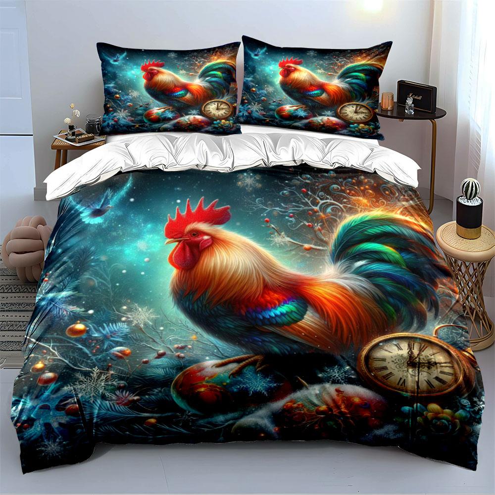 Colorful Rooster Winter Scene Bedding Duvet Cover Set (1*Duvet Cover 2*Pillowcases, Without Duvet Insert)