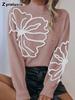 Herbst Winter Neuer Gestrickter Pullover für Damen mit Stickerei und Dreidimensionaler Blume Hoher Kragen Pullover Langarm