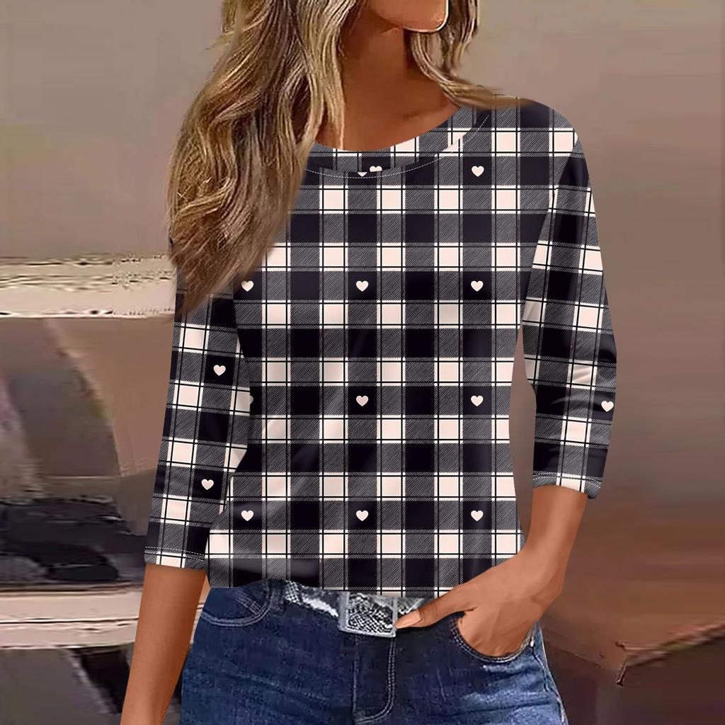 Women's Fashionable Casual Three Quarter Sleeve Printed Round Neck Top