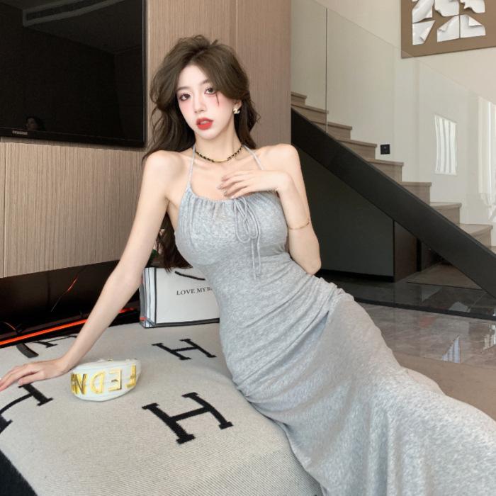 

Neck sexy pure desire dress women s summer new light gray slim-fitting waist version lace-up long skirt S серый