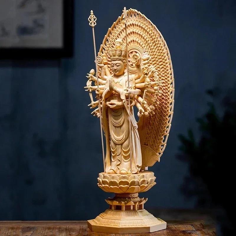 High Quality Large Solid Wood Guanyin Buddha Statue ,Thousand-Hand Home Decor Sculpture