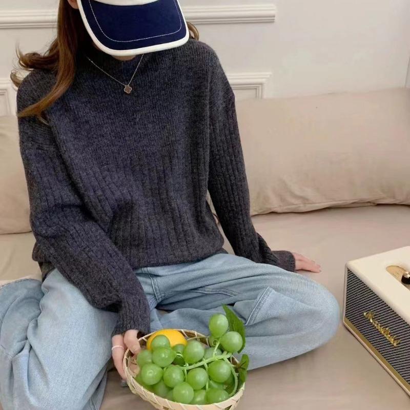 Solid Color Pit Strip Semi-turtleneck Soft Waxy Pullover Knitted Sweater Autumn and Winter New Simple Casual Style Bottoming Sweater Women