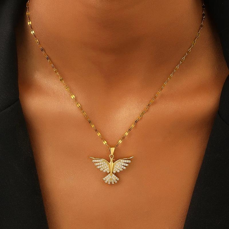 Fashionable Phoenix Stainless Steel Necklace with Synthetic Zirconia & Copper Inlay – Personality Pendant, Versatile Gold Plated Jewelry for Women