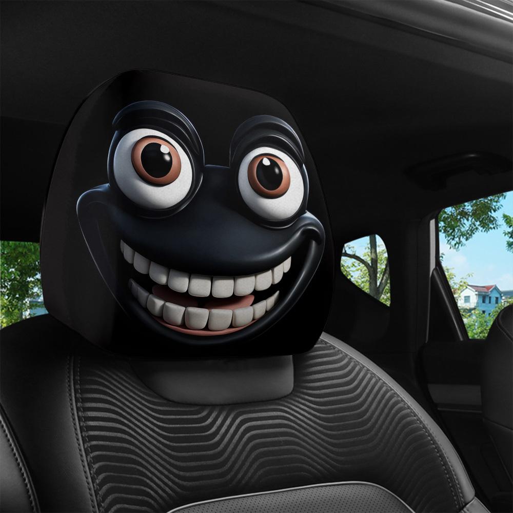 2pcs Fun Cartoon Face Car Headrest Covers Pillowcase Soft Comfortable Decorative Washable Polyester Seat Covers Car Accessories