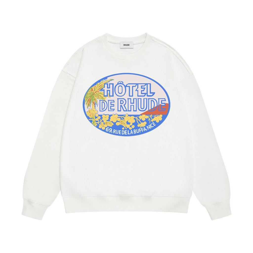 New Men's RHUDE Letter Print Loose Terry Round Neck Hoodie