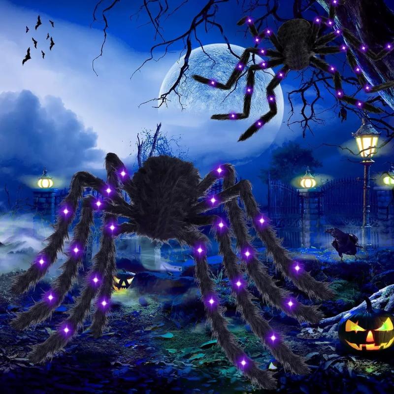 Halloween Riesige Leuchtende Flauschige Schwarze Spinne Lila LED Batteriebetrieben 8 Modi Spinnenlichter Für Innen Außen Veranda Dekor