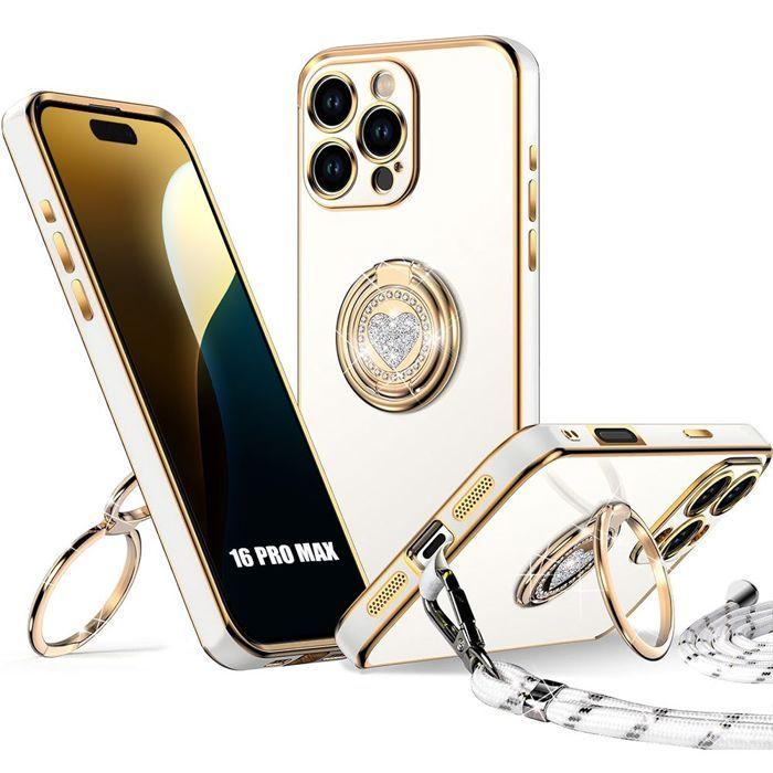 Protective Case - BOOLING - for iPhone 16 Pro Max - Soft Silicone - Stand Ring - Lanyard Included bianco