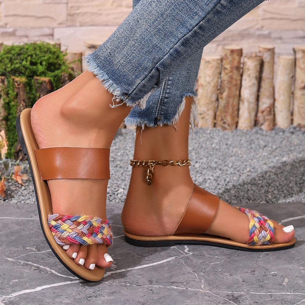 Women's shoes 25 new one-word woven slippers comfortable and versatile color matching flat slippers women