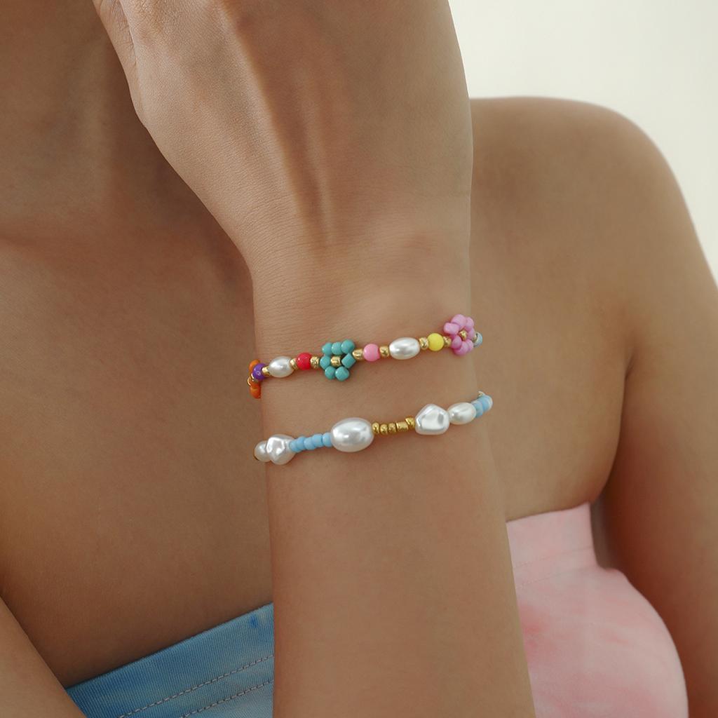 Baroque Special-Shaped Pearl Rice Bead Bracelet Female, Bohemian Colored Small Daisy Flower Jewelry