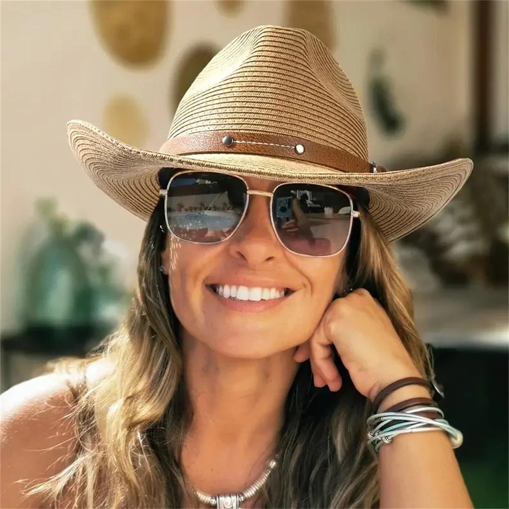 57-62CM Un cappello da cowboy western a tesa larga da uomo e da donna, cappello jazz alla moda, cappello da sole estivo da spiaggia con corda antivento