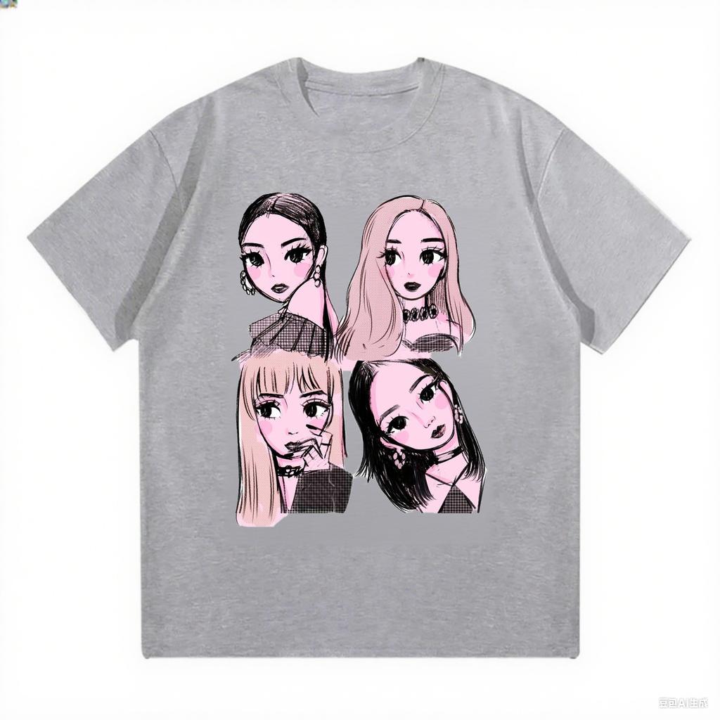 2025 New Korean Kpop BP Pink Girls Graphic Harajuku T Shirts Loose and Comfortable Heavy Cotton Tee Women's Fashion Casual Top