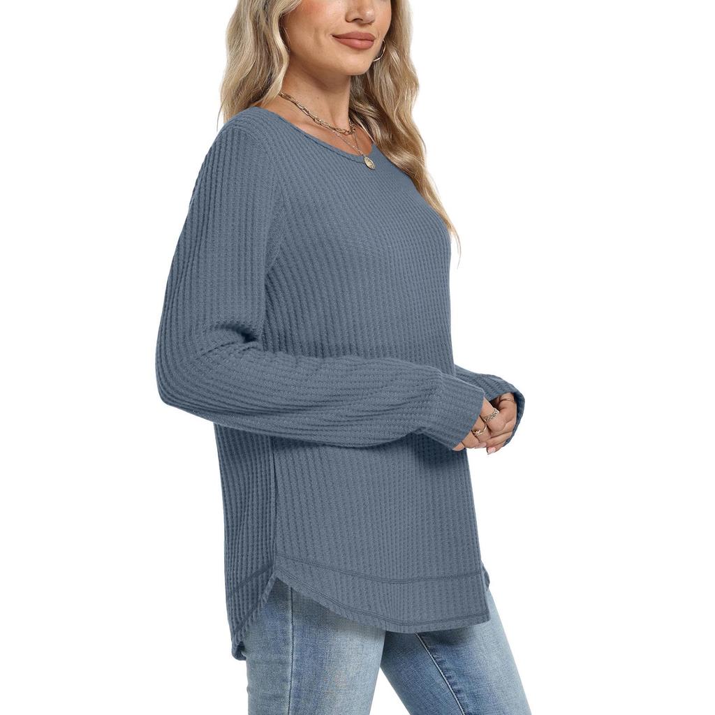 2025 European Style Women's Casual Loose Solid Long Sleeve Waffle Knit Round Neck Top