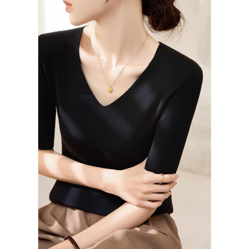 

off-Shoulder V Neck Five-Quarter Sleeve Base Top Sweater Black M([Recommended 50.00 kg-55.00 kg]])
