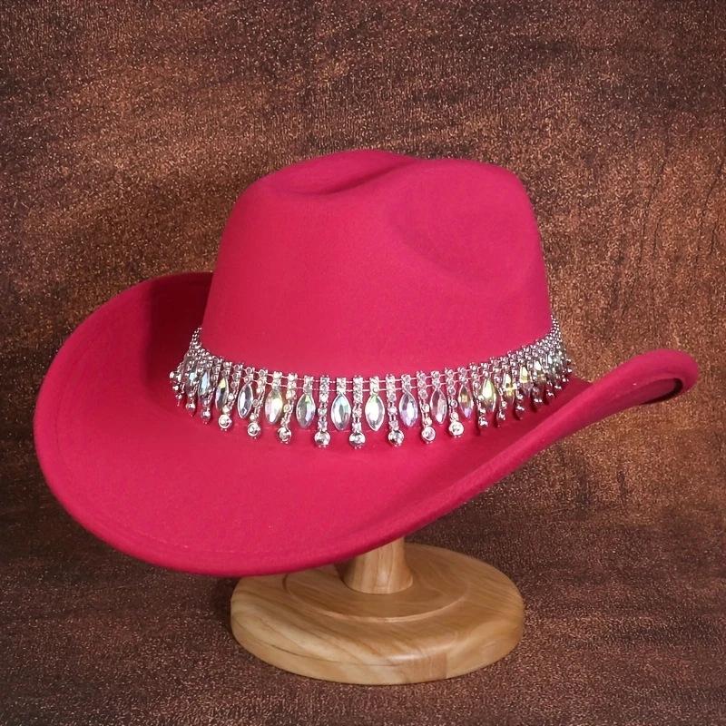 Rhinestone felt western cowboy hat new warm autumn and winter hat women's large brim men's British top hat