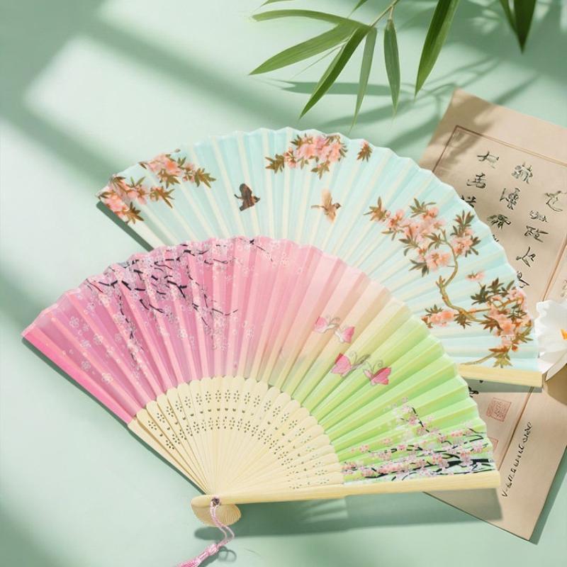 Chinese Style Bamboo Folding Hand Fan Feather Print Handheld Fan for Dance Photo Home Decor Gift