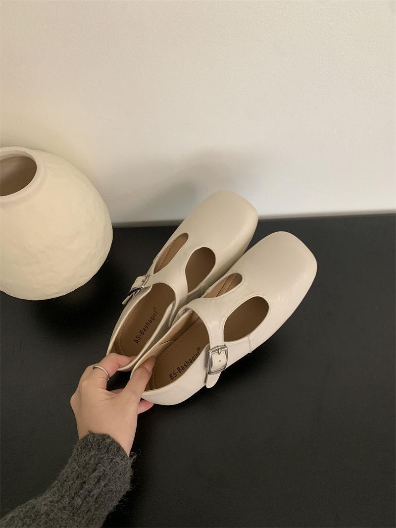 

Fashion IPPEUM Women Ballet Flats Shoes Square Toe Buckle Black PU Leather Vintage Ballerina Shoes 250