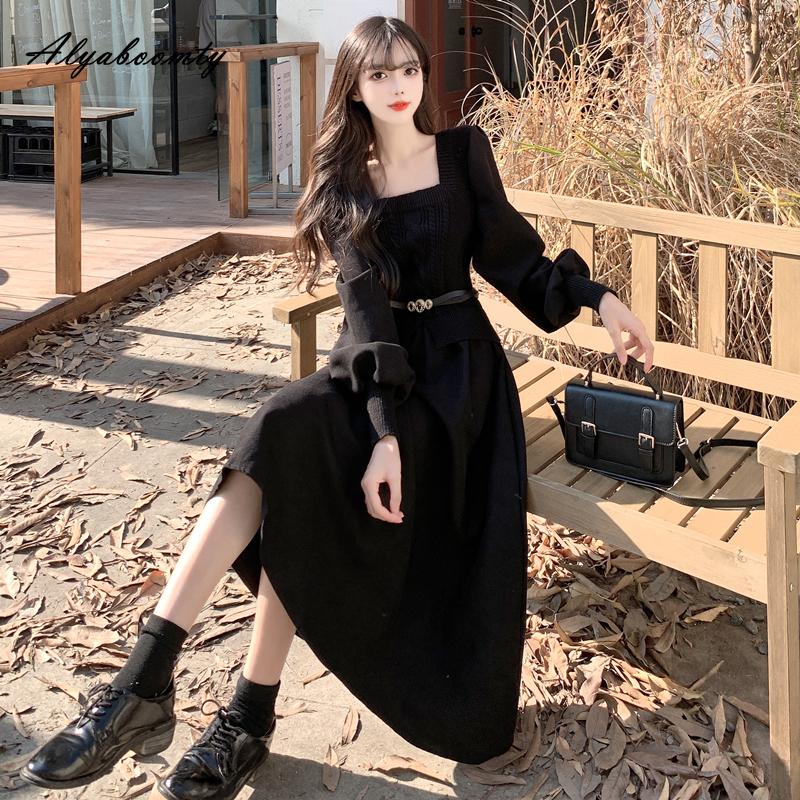 Podzimní Zimní Dámské Midi Šaty v Korejském Stylu Čtvercový Límec Pletenina Patchwork Ležérní Volné Šaty s Páskem Elegantní Ženské Vintage Šaty