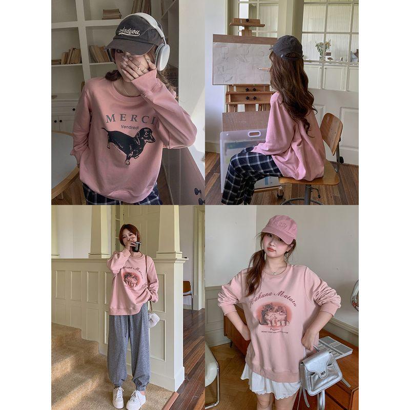 Maxi Chubby plus Size Print round Neck Long Sleeves Sweatshirt Women's Autumn Plus Size Ladies Loose Slim Looking Casual Hooded Top