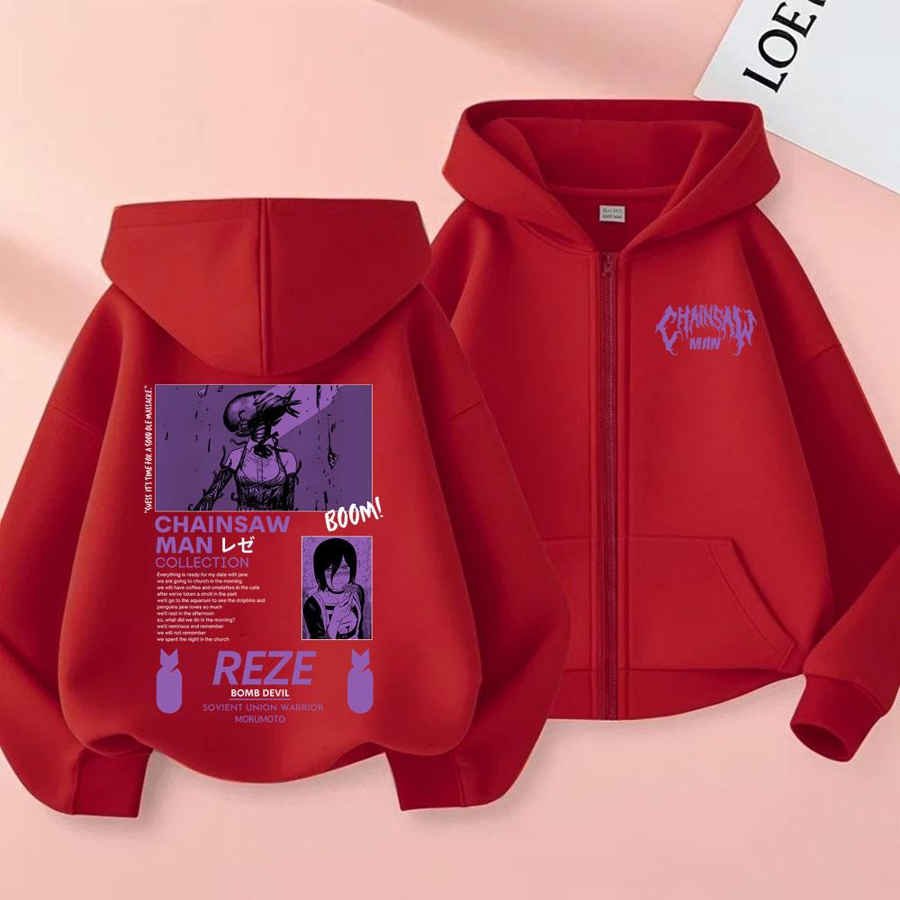 Anime Chaaw Man Zipper Hoodie Cartoon Reze Graphic Zip Up Jacket Men Women Manga Oversized Fleece Cotton Zip Up Sweatshirt