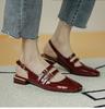 French Vintage Summe Patent Leather Shoes Low Heel Sandals Square Toe Mary Jane High Heels Ladies Double Buckle Elegant Sandals