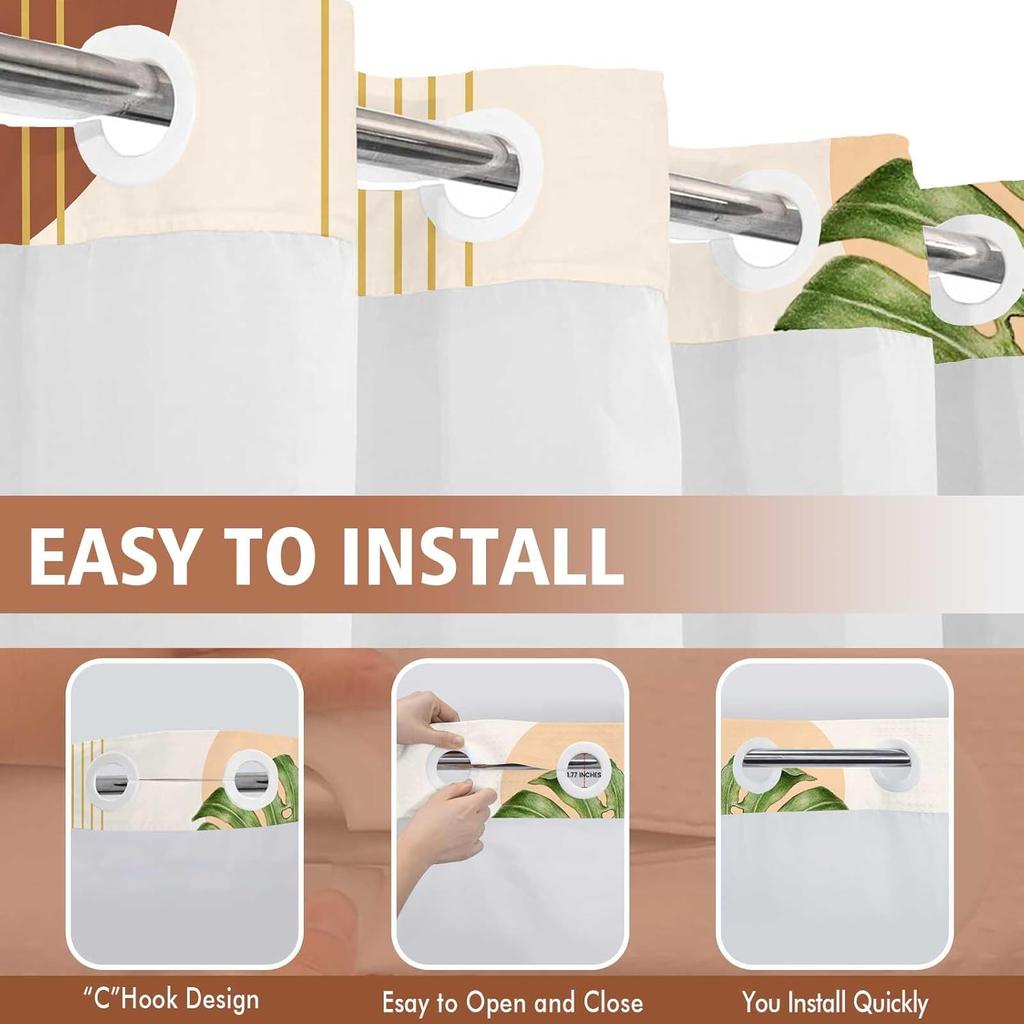 No Hook Shower Curtain with Snap in Liner and Liner Set, Boho Mid Century Green Leaf Shower Curtains for Bathroom Decor 71x74 in