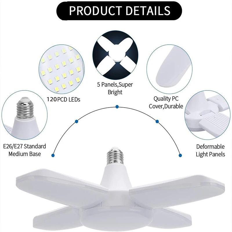 E27 LED Light Garage Lights 3800LM Led Garage Ceiling Lights Deformable Led Garage Lights With 4 Ajustable Panels