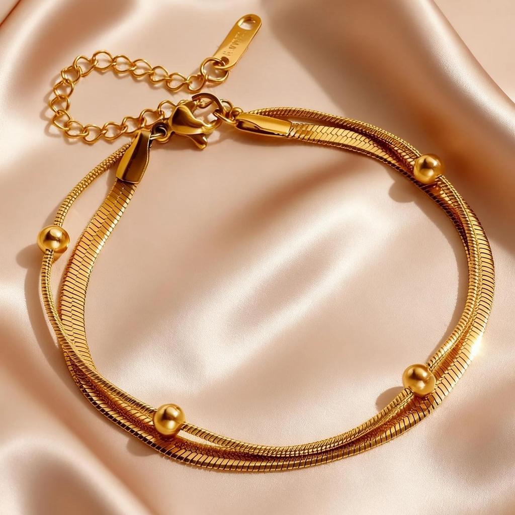 Fashion Boho Double Layer Anklets for Women Stainless Steel Beads Chain Ankle Bracelets Summer Beach Foot Jewelry Accessories
