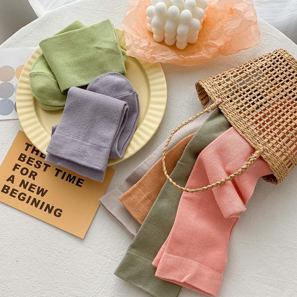 Pre-Autumn Basic Solid Color Mid-Leg Socks Sweet Morandi Color Simple Thin Cotton Socks