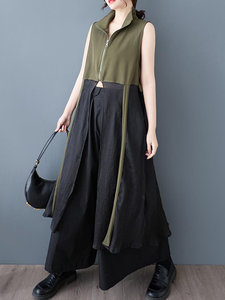 Xitao Patchwork Zipper Lapel Dress ZY8938