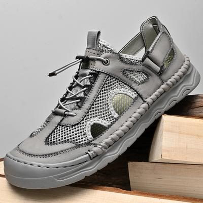 Sandalen Herren Tide Sommer Neuer Stil Leder Zehenkappe Outdoor Freizeit Sport Hohlsandalen Strandschuhe Handgefertigt Mesh Herrenschuhe