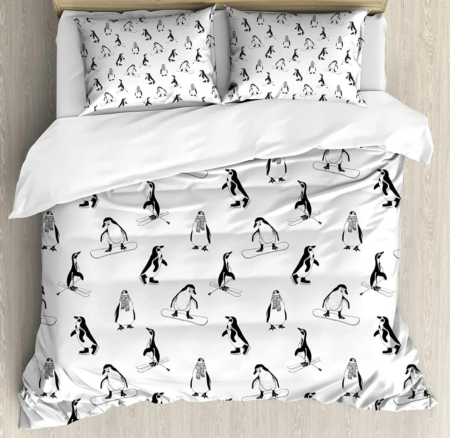 

Winter Bedding Set For Bedroom Bed Home Cute Penguins Hand Drawn Style Set Merry Christma Duvet Cover Quilt Cover And Pillowcase EU Single(135*200cm)3pcs