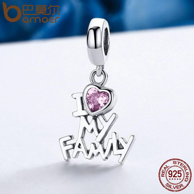 Bamoer Genuine 925 Sterling Silver I Love My Family Heart Dangle Charms Fit Women Charm Bracelets