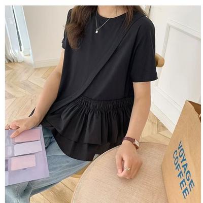 Lief gelamineerd geplooid ruche rand splicing A-lijn losse ronde hals korte mouw poppenshirt T-shirt dameszomer