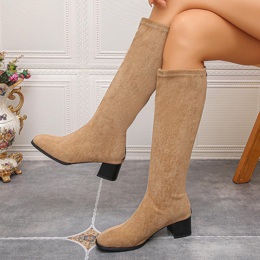 Fashion New Style of Suede Round-toed Chunky High Boots, Chunky Round-toed Boots That Don't Reach the Knees, Slim Boots