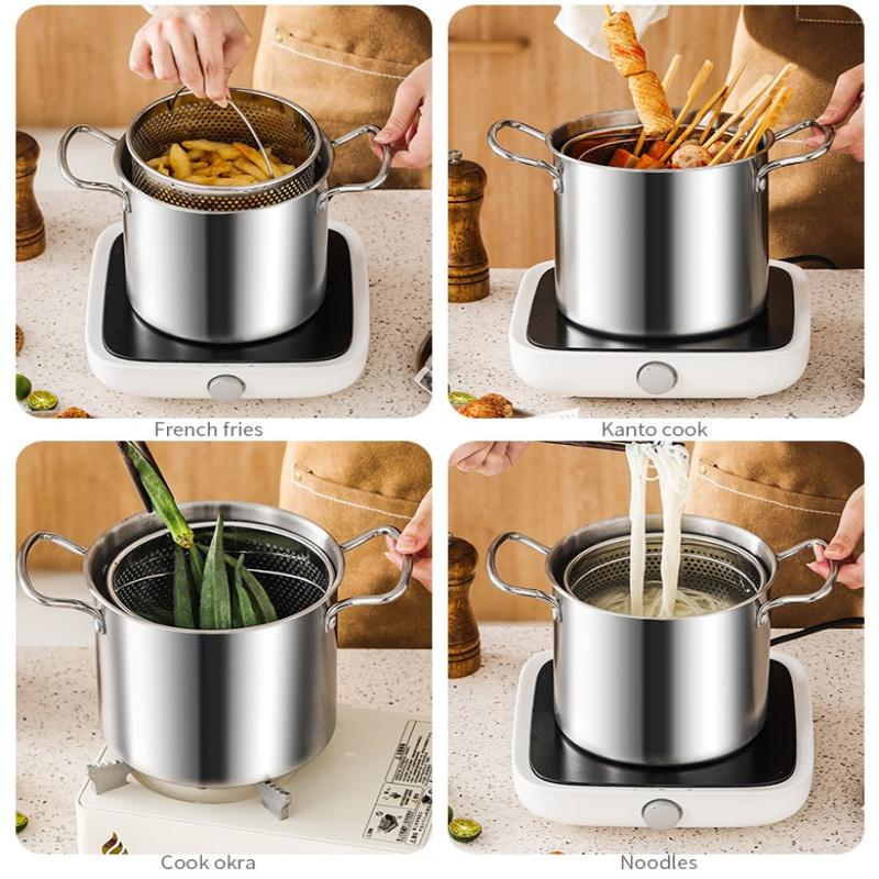 3.5L Deep Fryer Pot Stainless Steel Frying Pot With Mesh Steamer Basket With Glass Lid Kitchen Household Soup Pot Tool