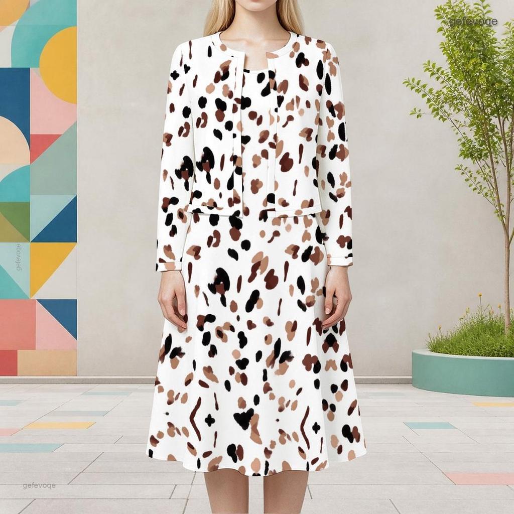 Women Plus Size Two Piece Dress Set Round Neck Long Sleeve Cropped Cardigan Sleeveless Printed White Dress