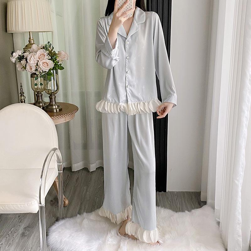 Ice Silk Pajama Set - Women's Long Sleeve & Pants with Lace, Sweet Style, Wearable Outdoors, 2025 Collection