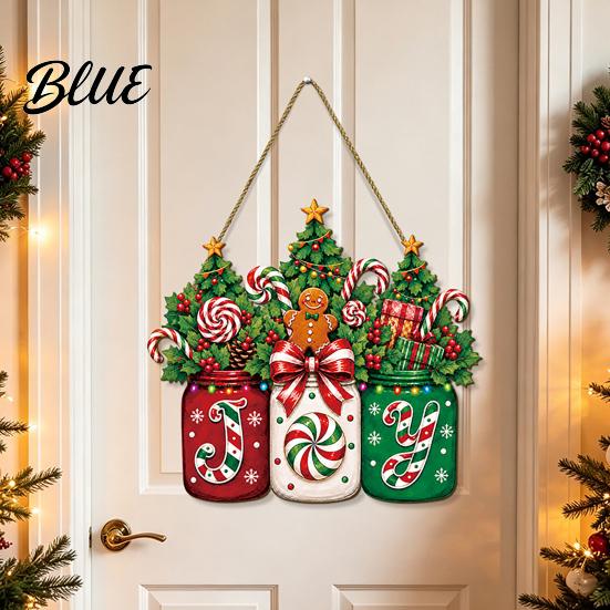 Joy Candy Jar Wall Art Christmas Door Sign, Gingerbread Wooden Hanging Wreath, Mason Decorative Wood Board for Windows Welcome Sign Front Door, Wall,