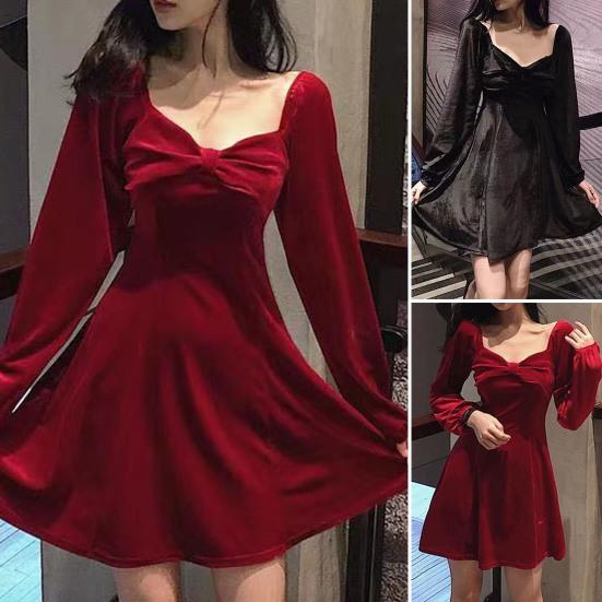 

Женское платье с декором бантом, удобное женское платье выше колена, повседневное платье феи с квадратным воротником и длинными рукавами, уличная одежда