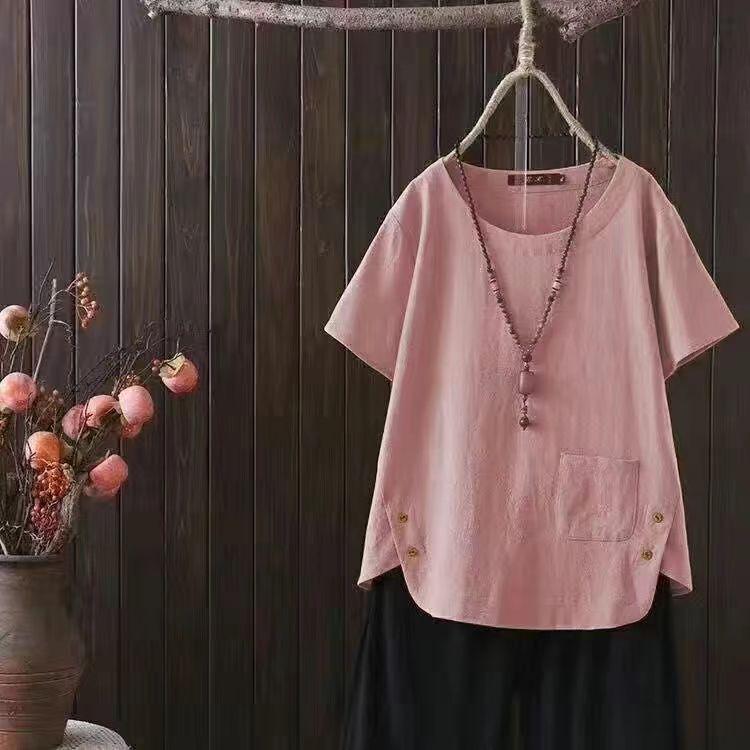 Women's Summer 2024 Cotton & Linen Retro Japanese T-Shirt - Short-Sleeve, Large Size, Casual Ethnic Style