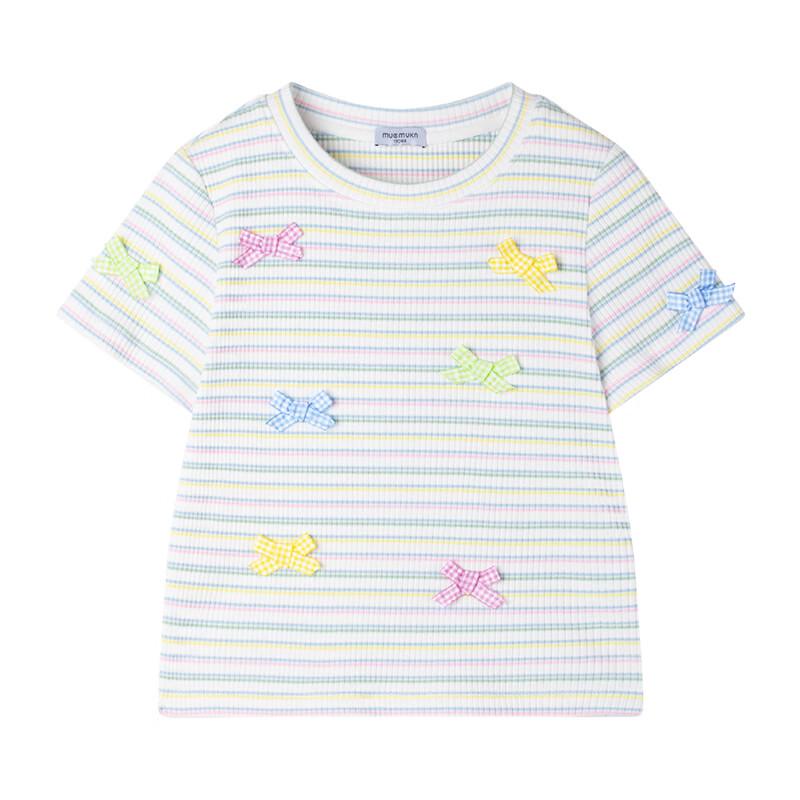 Mucmukn Girls' Rainbow Stripe Ribbed Bow T-shirt