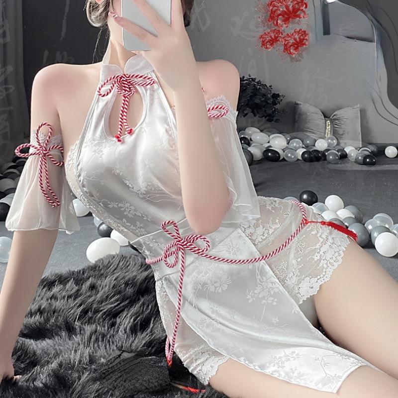 Sexy Chinese Cheongsam Skirt Backless Lace See Through High Split Hollow Out Lingerie Mini Qipao Set