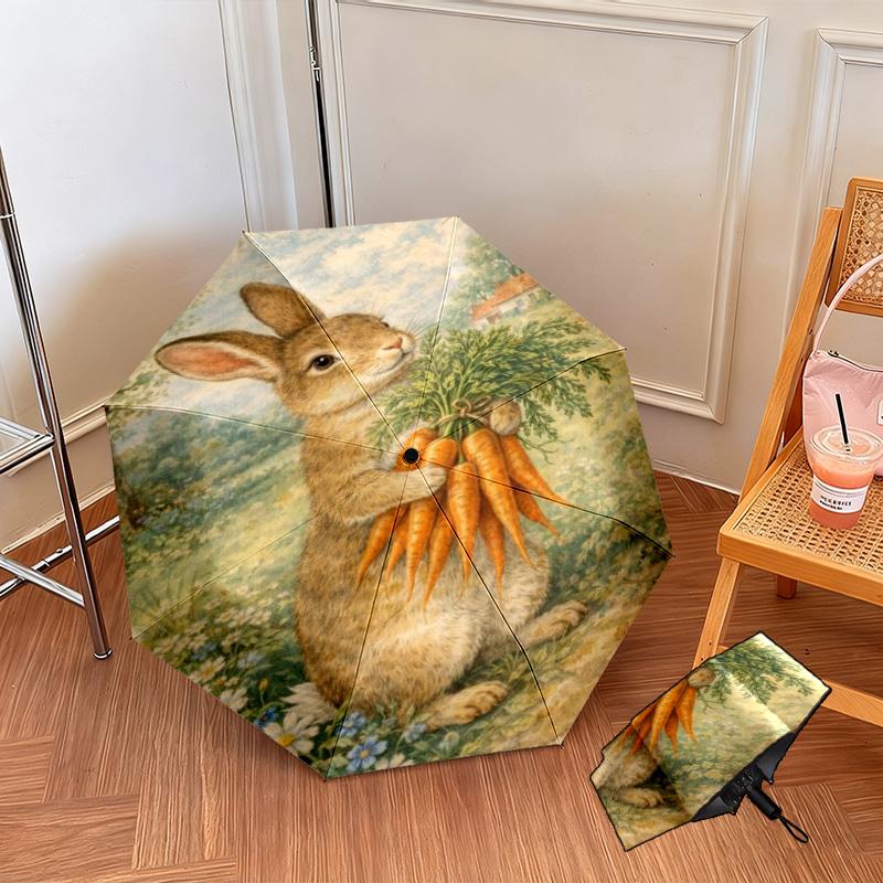 1PC Rabbit Carrots Garden Scene Automatic Umbrella - Suitable Travel Outdoor Portable Umbrella Birthday Gift Daily Essentials