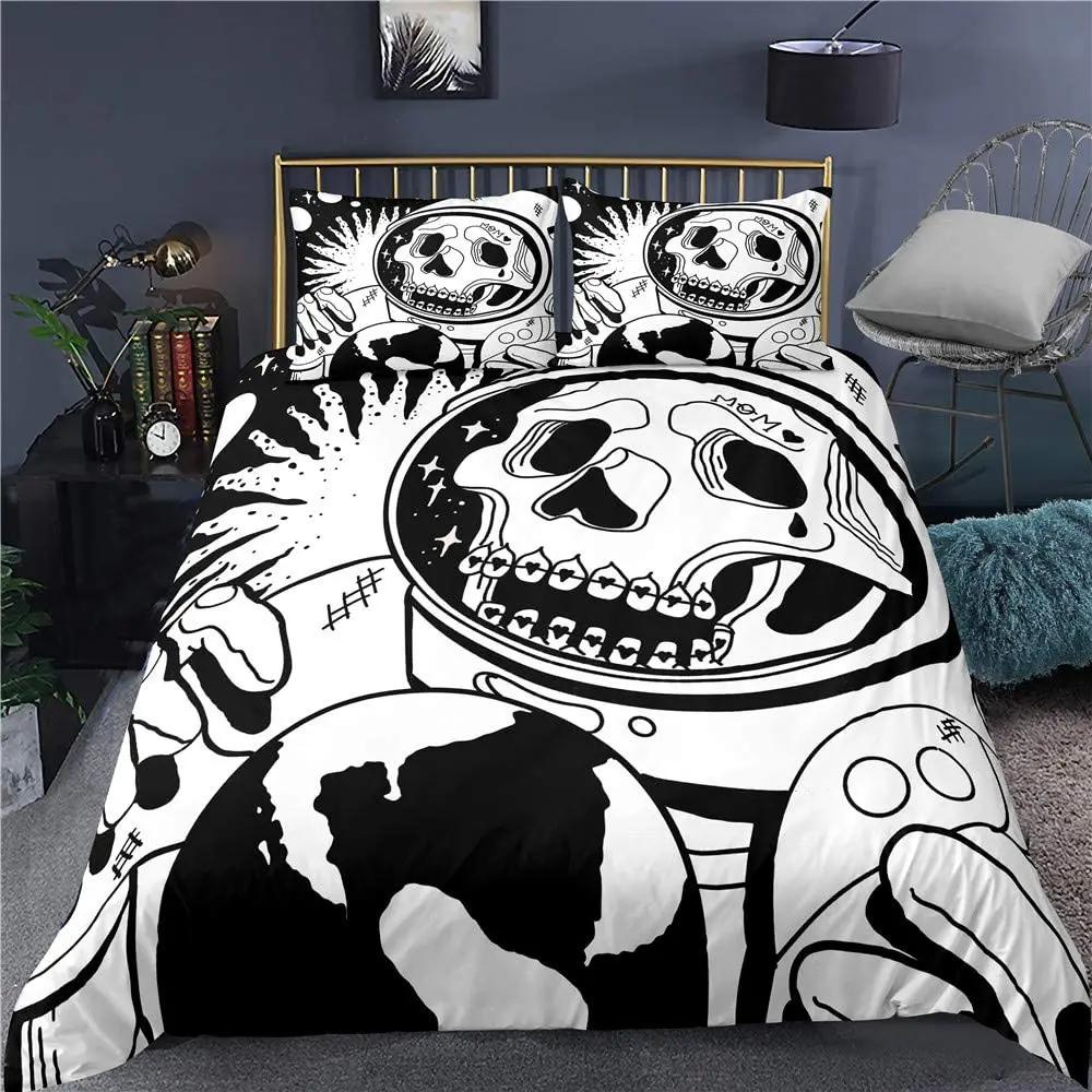 Skull Bedding Duvet Cover Set, White and Black Boho Gothic Skull Skeleton Bones Theme Bed Comforter Cover for Adults Decor