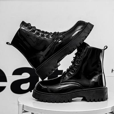 Botas clássicas de couro brilhante pretas para homens, botas de plataforma confortáveis que aumentam a altura, tamanho grande 46, botas de tornozelo com cadarço